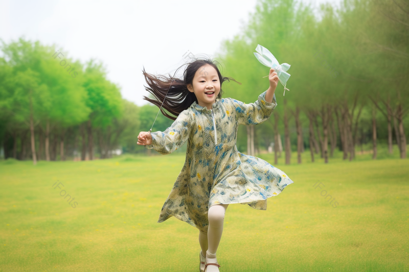奔跑在草地上的小女孩快乐的玩纸飞机高清摄影图,高清,摄影图,摄影图片,图片大全,摄影图免费下载